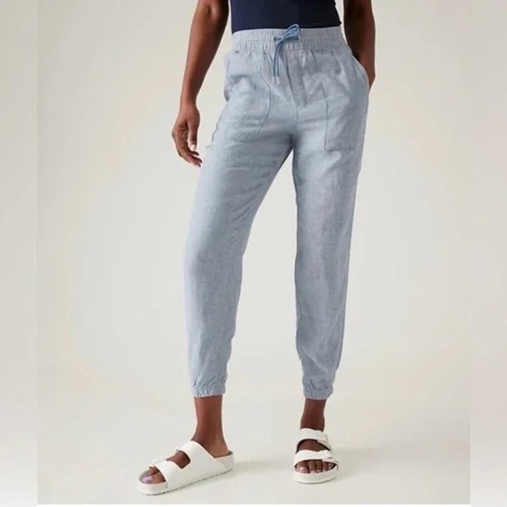 Athleta Retreat Linen Jogger Pants Drawstring Chambray Blue